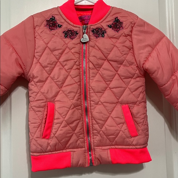 Betsey Johnson Girls Coral Pink Floral Quilted Puffer Jacket Sz 4 - Picture 2 of 6